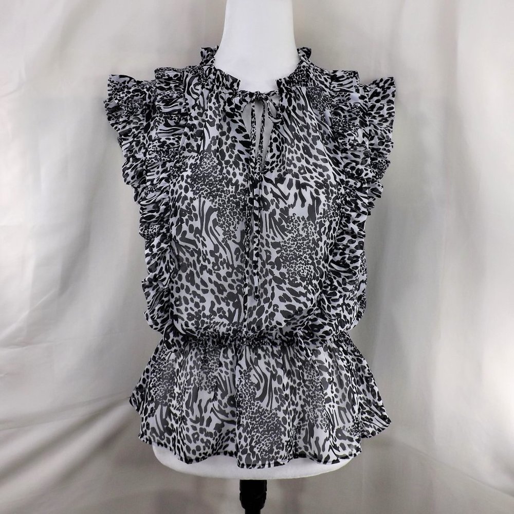 Elan NEW Black & White Relax Fit Sleeveless Ruffles Peplum Top Blouse Shirt S/M